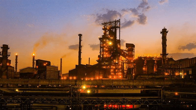 Steel plant with heavy industrial production equipment