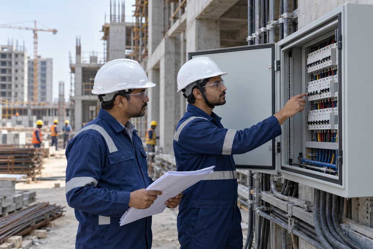 Illustrative Indian site engineers inspecting a distribution cabinet at a construction project